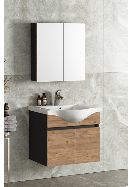 Yıldız 65 cm Antrasit Gri Mat-Atlantik Çam Mdf Seramik Lavabolu Asma Banyo Dolabı Takımı