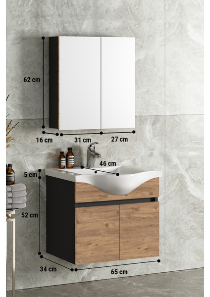 Yıldız 65 cm Antrasit Gri Mat-Atlantik Çam Mdf Seramik Lavabolu Asma Banyo Dolabı Takımı