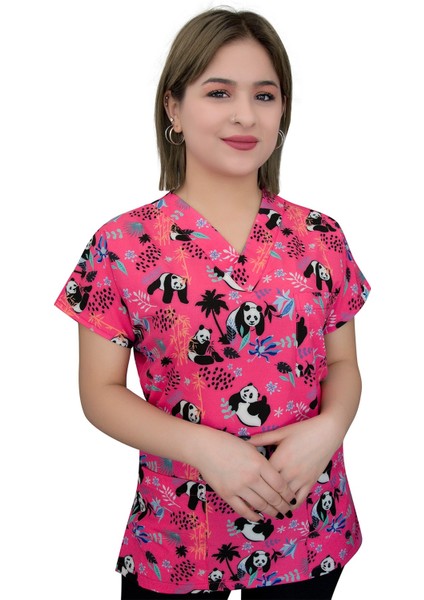 Pembe Panda Desenli Likralı Üst Forma