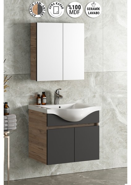 Yıldız 55 cm Atlantik Çam-Antrasit Gri Mat Mdf Seramik Lavabolu Asma Banyo Dolabı Takımı