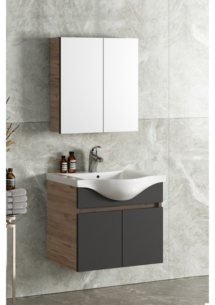 Yıldız 55 cm Atlantik Çam-Antrasit Gri Mat Mdf Seramik Lavabolu Asma Banyo Dolabı Takımı