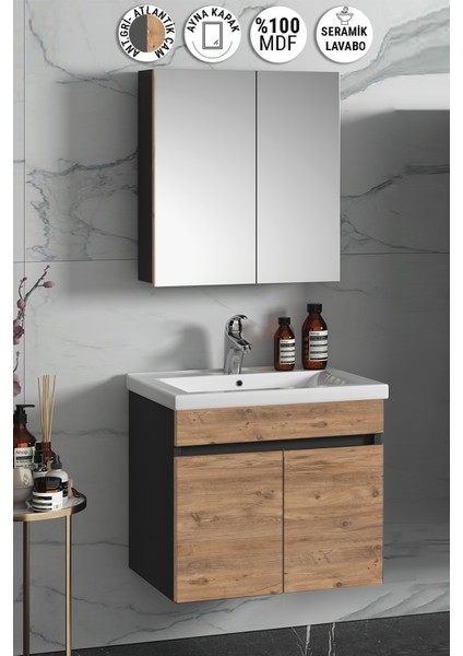 Çiğdem 55 cm Antrasit Gri Mat-Atlantik Çam Mdf Seramik Lavabolu Asma Banyo Dolabı Takımı