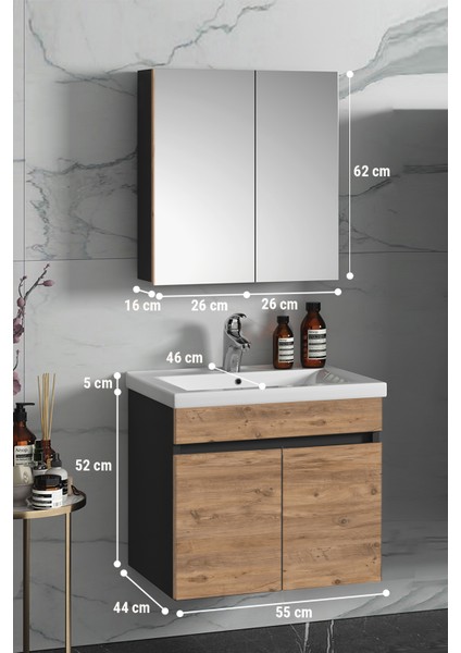 Çiğdem 55 cm Antrasit Gri Mat-Atlantik Çam Mdf Seramik Lavabolu Asma Banyo Dolabı Takımı
