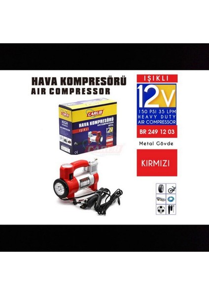 Hava Kompresörü 12V Metal Led Işıklı Kırmızı