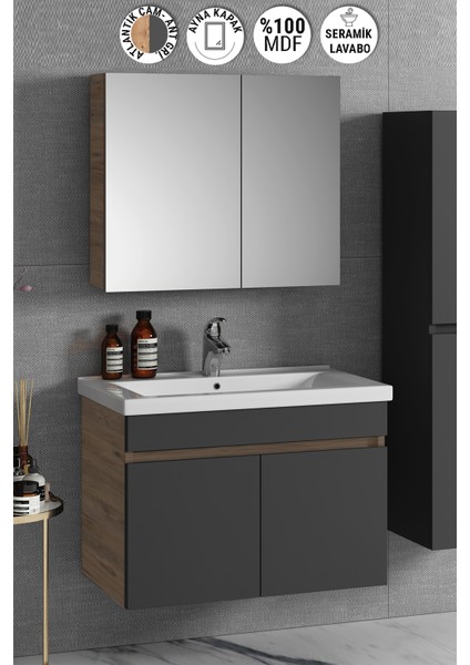 Çiğdem 80 cm Atlantik Çam-Antrasit Gri Mat Mdf Seramik Lavabolu Asma Banyo Dolabı Takımı