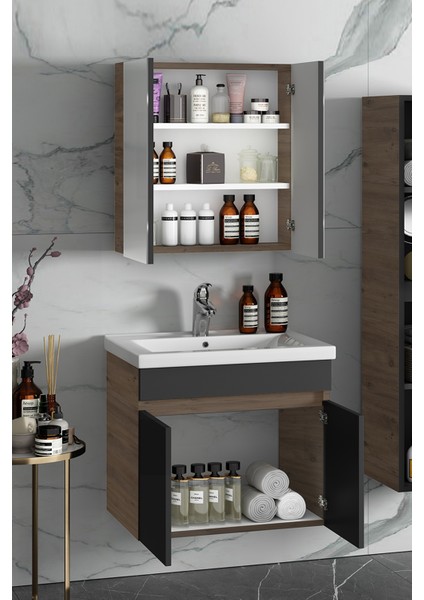 Çiğdem 80 cm Atlantik Çam-Antrasit Gri Mat Mdf Seramik Lavabolu Asma Banyo Dolabı Takımı modelleri