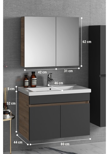 Çiğdem 80 cm Atlantik Çam-Antrasit Gri Mat Mdf Seramik Lavabolu Asma Banyo Dolabı Takımı indirimleri