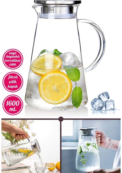 Borosilikat Cam Sürahi Karaf Cam Kulplu Metal Kapaklı Sıcak Soğuk Kokteyl Meşrubat Sürahisi 1600 ml