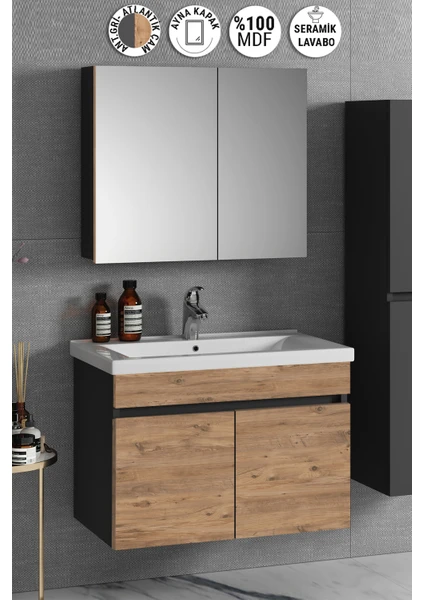 Çiğdem 80 cm Antrasit Gri Mat-Atlantik Çam Mdf Seramik Lavabolu Asma Banyo Dolabı Takımı