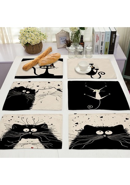 2CD-MA0003-11 1 Adet Sevimli Siyah Kedi Desen Mutfak Placemat Yemek Masası Paspaslar Içecek Bardak Batı Ped Pamuk Keten Fincan Mat 42*32 cm MA0003 (Yurt Dışından)