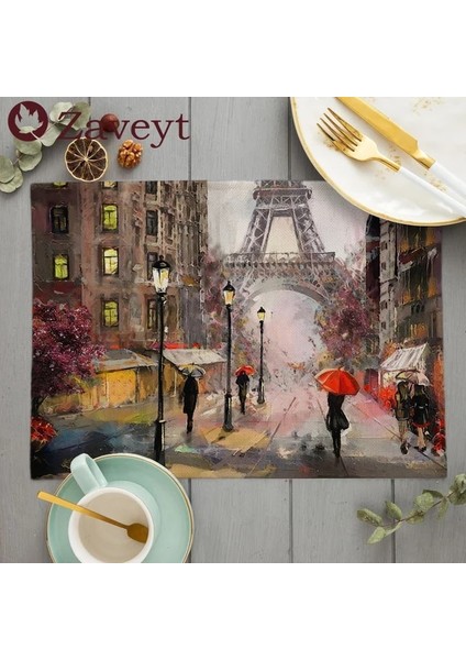 LE403 42X32 cm Fransız Sokak Sahne Çiçek Yağlıboya Placemat Keten Yemek Masası Paspaslar Coaster Pad Kase Kahve Fincanı Mat Masa Örtüsü 42X32 cm (Yurt Dışından)