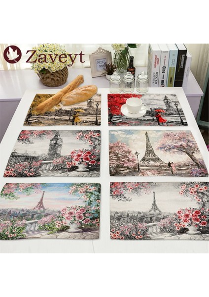 LE403 42X32 cm Fransız Sokak Sahne Çiçek Yağlıboya Placemat Keten Yemek Masası Paspaslar Coaster Pad Kase Kahve Fincanı Mat Masa Örtüsü 42X32 cm (Yurt Dışından)