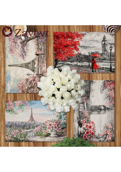 LE403 42X32 cm Fransız Sokak Sahne Çiçek Yağlıboya Placemat Keten Yemek Masası Paspaslar Coaster Pad Kase Kahve Fincanı Mat Masa Örtüsü 42X32 cm (Yurt Dışından)