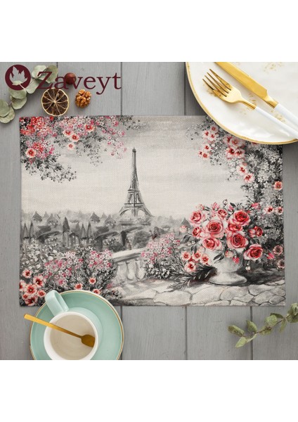 LE403 42X32 cm Fransız Sokak Sahne Çiçek Yağlıboya Placemat Keten Yemek Masası Paspaslar Coaster Pad Kase Kahve Fincanı Mat Masa Örtüsü 42X32 cm (Yurt Dışından)