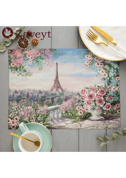 LE403 42X32 cm Fransız Sokak Sahne Çiçek Yağlıboya Placemat Keten Yemek Masası Paspaslar Coaster Pad Kase Kahve Fincanı Mat Masa Örtüsü 42X32 cm (Yurt Dışından)