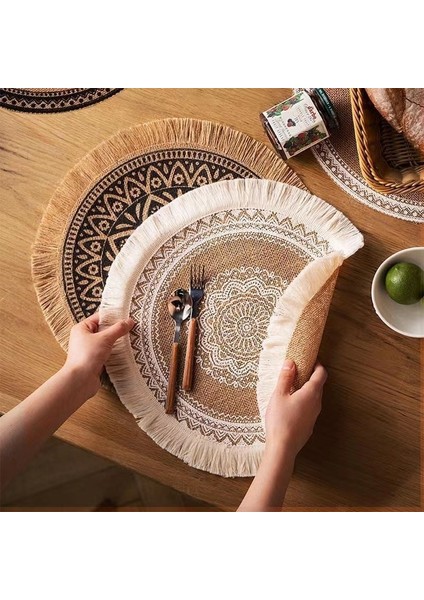 E Yuvarlak 38CM Boho Yuvarlak Servis Altlığı 15 Inç, Çiftlik Evi Dokuma Jüt Saçak Masa Paspasları Ponponlu Püskül Yer Mat Yemek Odası Için Ins Masa Dekorları (Yurt Dışından)