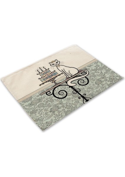 2CD-MA0125-4 Bkack Kedi Desen Pamuk Keten Ped Yemek Masası Paspaslar Coaster Kase Fincan Mat Desen Mutfak Placemat 42*32 cm Ev Dekor MA0125 (Yurt Dışından)