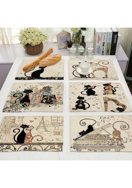 2CD-MA0125-4 Bkack Kedi Desen Pamuk Keten Ped Yemek Masası Paspaslar Coaster Kase Fincan Mat Desen Mutfak Placemat 42*32 cm Ev Dekor MA0125 (Yurt Dışından)