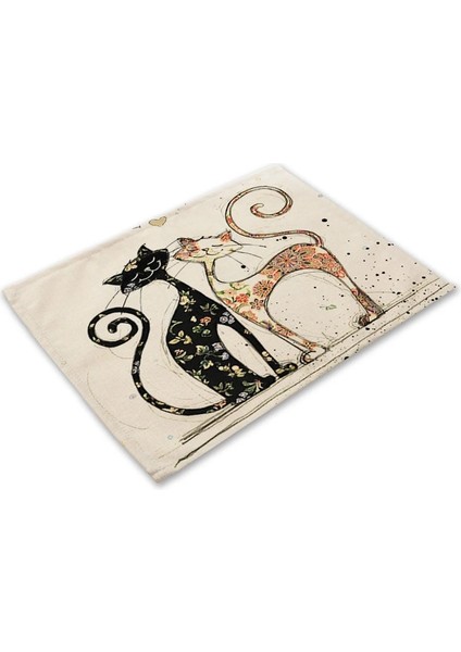 2CD-MA0125-4 Bkack Kedi Desen Pamuk Keten Ped Yemek Masası Paspaslar Coaster Kase Fincan Mat Desen Mutfak Placemat 42*32 cm Ev Dekor MA0125 (Yurt Dışından)