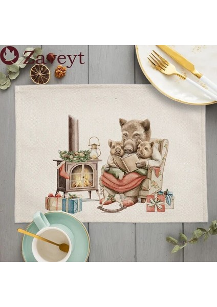 LE458 42X32 cm 2023 Noel Ağacı Sevimli Hayvan Süslemeleri Placemat Keten Yemek Masası Paspaslar Coaster Pad Kase Kahve Fincanı Mat Masa Örtüsü 42X32 cm (Yurt Dışından)