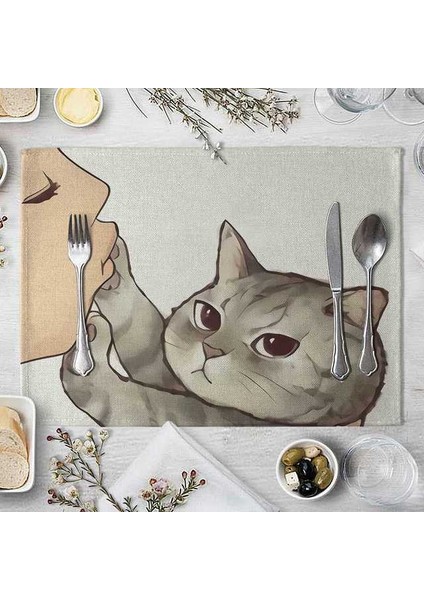 05 Dikdörtgen 32X21 cm Karikatür Kedi Placemat Pamuk Keten Masa Mat Kawaii Kediler Hayvan Desen Yer Paspasları Çocuklar Çocuklar Için Mutfak Yemek Coaster Pad (Yurt Dışından)