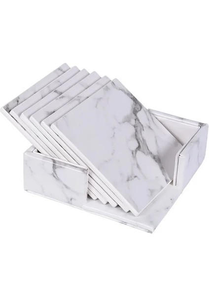 Beyaz Kare Mermer Bardak Altlığı Takımları Içecek Kahve Fincanı Masa Mat Pu Deri Çay Pedi Siyah Yemek Masası Placemats Masa Şık Dekorasyon 6 Adet (Yurt Dışından)