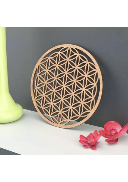 WD0099 10CM 1 Adet Çakra Hayat Çiçeği Doğal Sembol 14 Çeşit Ahşap Yuvarlak Kenar Daire Oyma Bardak Altlığı Taş Kristal Seti Dıy Dekor (Yurt Dışından)