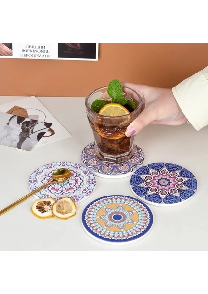 Set F 10 cm 2 Adet Yuvarlak Mandala Çiçekli Seramik Bardak Kaymaz Yalıtımlı Şişe Placemat Coaster Kahve Kupa Için Cam Bardak (Yurt Dışından)