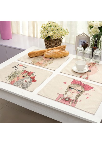 PM0044-14 1 Adet Sevimli Kız Pamuk Keten Ped Desen Mutfak Placemat Kawaii Coaster Kase Fincan Mat Yemek Masası Paspaslar 42*32 cm Ev Dekor PM0044 (Yurt Dışından) fırsatları
