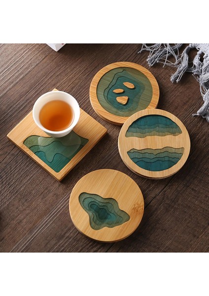 03 Yuvarlak Bardak Altlığı Epoksi Reçine Şeffaf Bambu Yalıtım Peyzaj Desen Coaster Çay Bardağı Tutucu Mat Mutfak Için (Yurt Dışından)