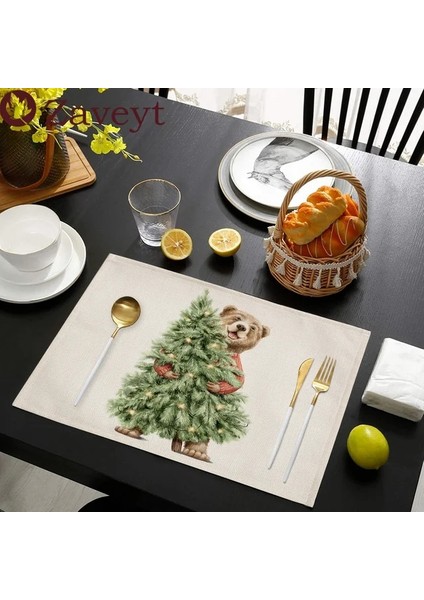 LE453 42X32 cm 2023 Noel Ağacı Sevimli Hayvan Süslemeleri Placemat Keten Yemek Masası Paspaslar Coaster Pad Kase Kahve Fincanı Mat Masa Örtüsü 42X32 cm (Yurt Dışından)