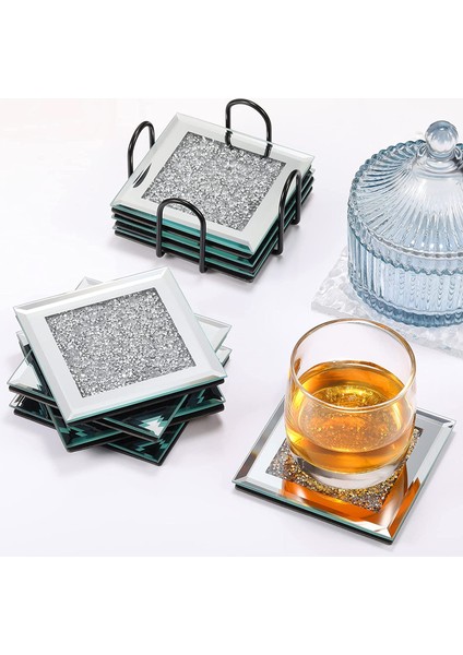 4 Adet 10X10 cm Kare Şekli Cam Malzeme Kahve ve Çay Bardağı Bardak Altlığı Setleri Sofra Takımı Dekorasyon Fincan Tabağı Gümüş Parlayan Rhinestones ile (Yurt Dışından)