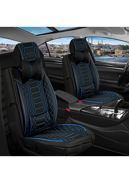 fiat Linea Uyumlu Yarı Deri Oto Koltuk Kılıfı Ön-Arka Set (Venüs) Siyah-Mavi