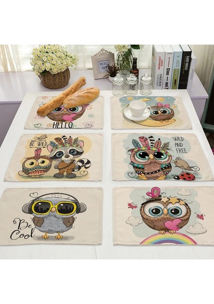 ML0007-3 1 Adet Kawaii Baykuş Desen Mutfak Placemat Pamuk Keten Yemek Masası Paspaslar Coaster Pad Kase Fincan Mat 42*32 cm Ev Dekor ML0007 (Yurt Dışından)
