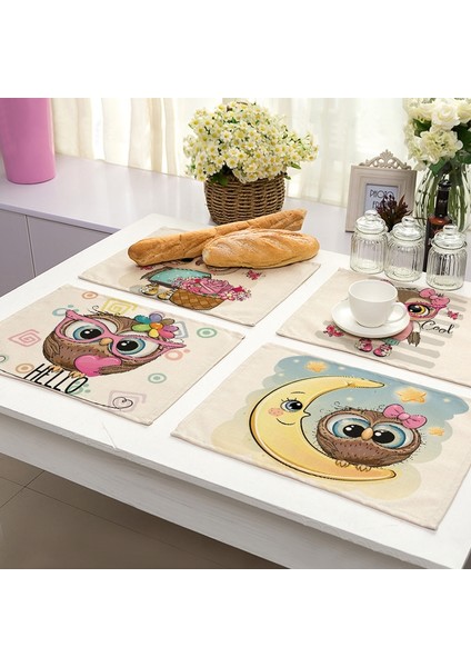 ML0007-13 1 Adet Kawaii Baykuş Desen Mutfak Placemat Pamuk Keten Yemek Masası Paspaslar Coaster Pad Kase Fincan Mat 42*32 cm Ev Dekor ML0007 (Yurt Dışından)