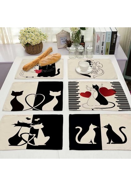 2CD-ML0016-17 Bkack Beyaz Kedi Desen Pamuk Keten Ped Yemek Masası Paspaslar Coaster Kase Fincan Mat Desen Mutfak Placemat Ev Dekor ML0016 (Yurt Dışından)