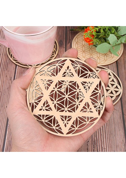 D 10PCS 10CM 10PCS Çakra Yaşam Çiçeği Doğal Sembol Ahşap Yuvarlak Kenar Daireleri Oyma Coaster Taş Kristal Seti Dıy Dekor Paspaslar Pedleri (Yurt Dışından)