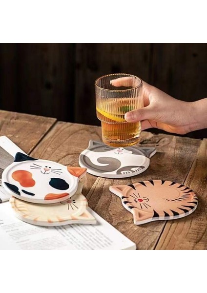 Stil 3 10.8cm Seramik Placemat Sevimli Kedi Karikatür Emici Seramik Coaster Yemek Masası Potholder Sofra Kahve Çay Altlığı (Yurt Dışından)