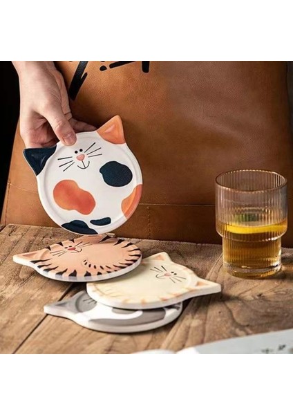 Stil 3 10.8cm Seramik Placemat Sevimli Kedi Karikatür Emici Seramik Coaster Yemek Masası Potholder Sofra Kahve Çay Altlığı (Yurt Dışından)