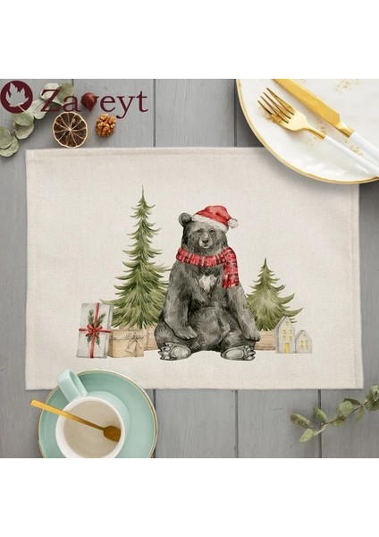 LE461 42X32 cm 2023 Noel Ağacı Sevimli Hayvan Süslemeleri Placemat Keten Yemek Masası Paspaslar Coaster Pad Kase Kahve Fincanı Mat Masa Örtüsü 42X32 cm (Yurt Dışından)