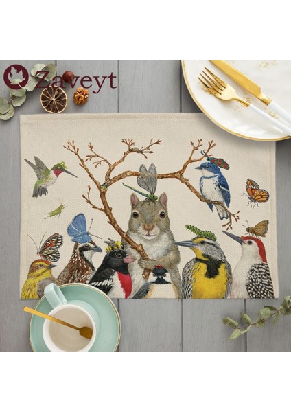 LE1608 42X32 cm Sevimli Hayvan Placemat Kuş Baykuş Keten Yemek Masası Paspaslar Bunny Sincap Coaster Pad Kase Kahve Fincanı Mat Masa Örtüsü 42X32 cm (Yurt Dışından)