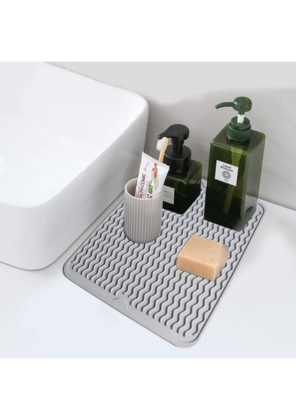 Açık Gri Dikdörtgen L Dalgalı Silikon Drenaj Paspası Kaymaz, Temizlenmesi Kolay Mutfak Gideri Lavabo, Yüksek Sıcaklığa Dayanıklı Servis Altlığı 40*30CM (Yurt Dışından)