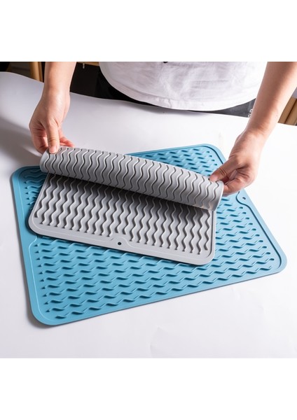 Açık Gri Dikdörtgen L Dalgalı Silikon Drenaj Paspası Kaymaz, Temizlenmesi Kolay Mutfak Gideri Lavabo, Yüksek Sıcaklığa Dayanıklı Servis Altlığı 40*30CM (Yurt Dışından)