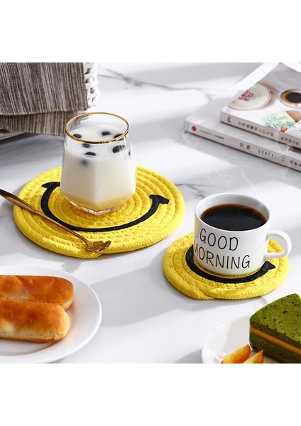 01 Yuvarlak Pamuk Ipliği Coaster El Yapımı Örgü Mat Isıya Dayanıklı Bardak Altlığı Sevimli Gülen Kaymaz Placemats Tablemat Mutfak Aksesuarları (Yurt Dışından)