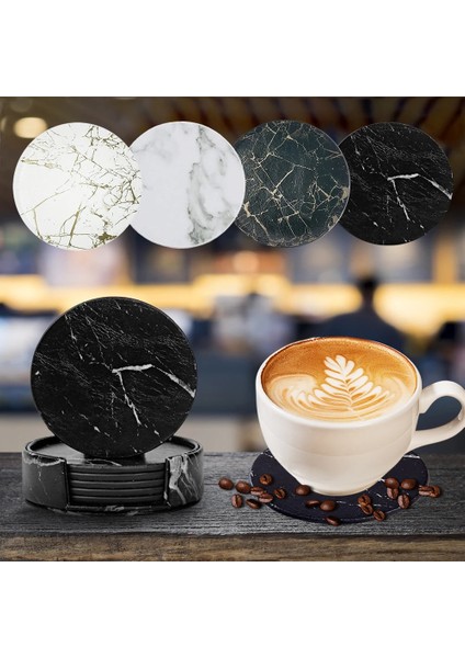 Siyah Altın 6 Adet 10X10 cm 1 Adet/6 Adet Suni Deri Mermer Bardak Altlığı Içecek Kahve Fincanı Mat Masa Placemats Yuvarlak Isıya Dayanıklı Çay Pedi Masa Pedi Tutucu (Yurt Dışından)