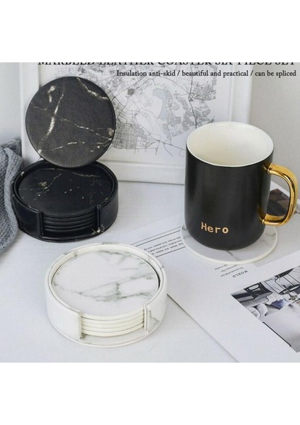 Siyah Altın 6 Adet 10X10 cm 1 Adet/6 Adet Suni Deri Mermer Bardak Altlığı Içecek Kahve Fincanı Mat Masa Placemats Yuvarlak Isıya Dayanıklı Çay Pedi Masa Pedi Tutucu (Yurt Dışından)