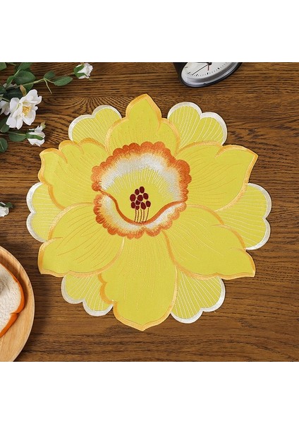 Sarı Poligon Çapı 35 cm Sıcak Süper Zambak Çiçekleri Nakış Placemat Fincan Kupa Çay Tava Coaster Mutfak Yemek Masası Yer Mat Dantel Bardak Altlığı Peçete Düğün Içecek Pedi (Yurt Dışından)