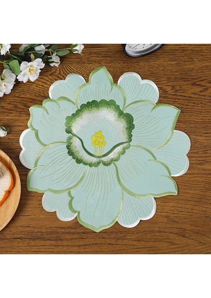 Sarı Poligon Çapı 35 cm Sıcak Süper Zambak Çiçekleri Nakış Placemat Fincan Kupa Çay Tava Coaster Mutfak Yemek Masası Yer Mat Dantel Bardak Altlığı Peçete Düğün Içecek Pedi (Yurt Dışından)