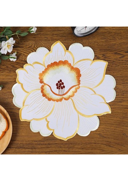 Sarı Poligon Çapı 35 cm Sıcak Süper Zambak Çiçekleri Nakış Placemat Fincan Kupa Çay Tava Coaster Mutfak Yemek Masası Yer Mat Dantel Bardak Altlığı Peçete Düğün Içecek Pedi (Yurt Dışından)