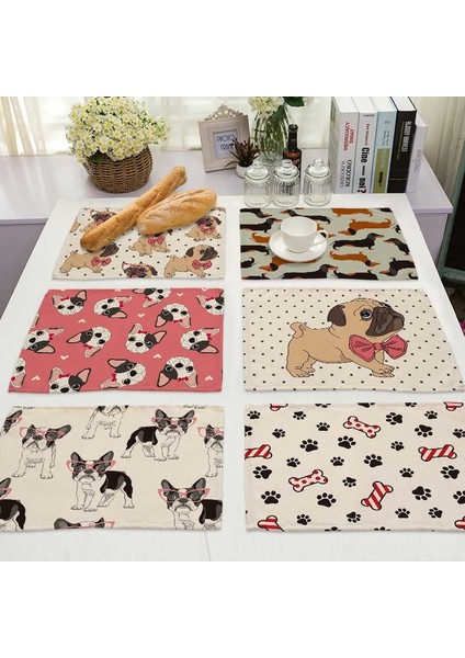2CD-ML0020-5 Pug Köpek Desen Pamuk Keten Ped Yemek Masası Paspaslar Coaster Kase Fincan Mat Desen Mutfak Placemat 42*32 cm Ev Dekor ML0020 (Yurt Dışından)